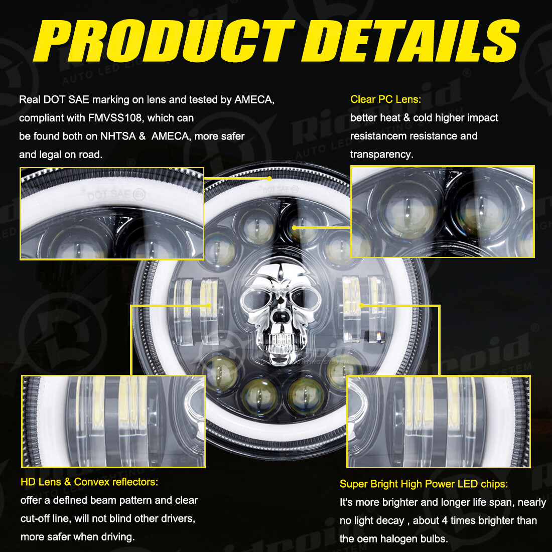 RGB Halo 7inch LED Headlight + Ring Fit For Yamaha Motorcycle V-Star Road Star