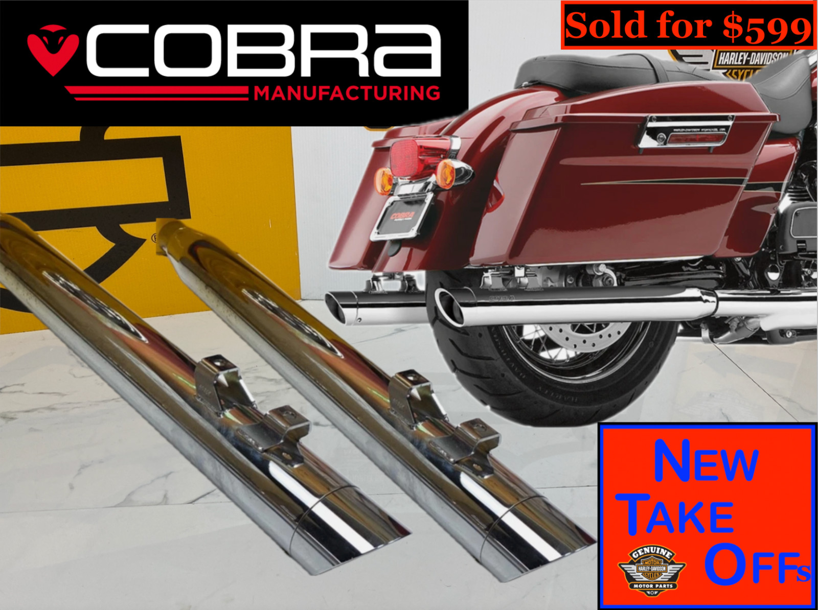 Cobra Harley 95-16 Touring 09-25 Trike Slash Cut End Caps Slip-On Mufflers