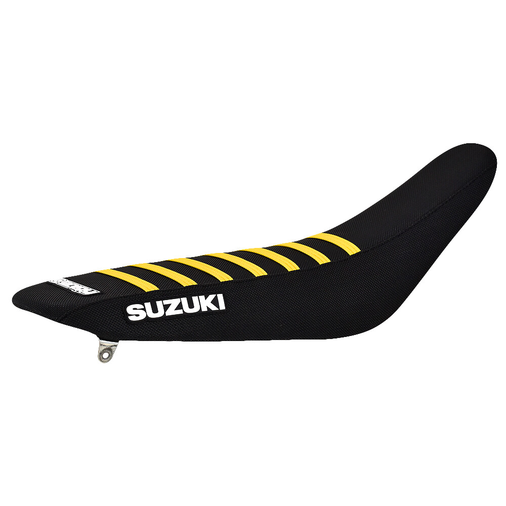 Suzuki RMZ 450 Gripper Seat Cover 2005-2007 ALL BLACK / YELLOW RIBS LOGO #298