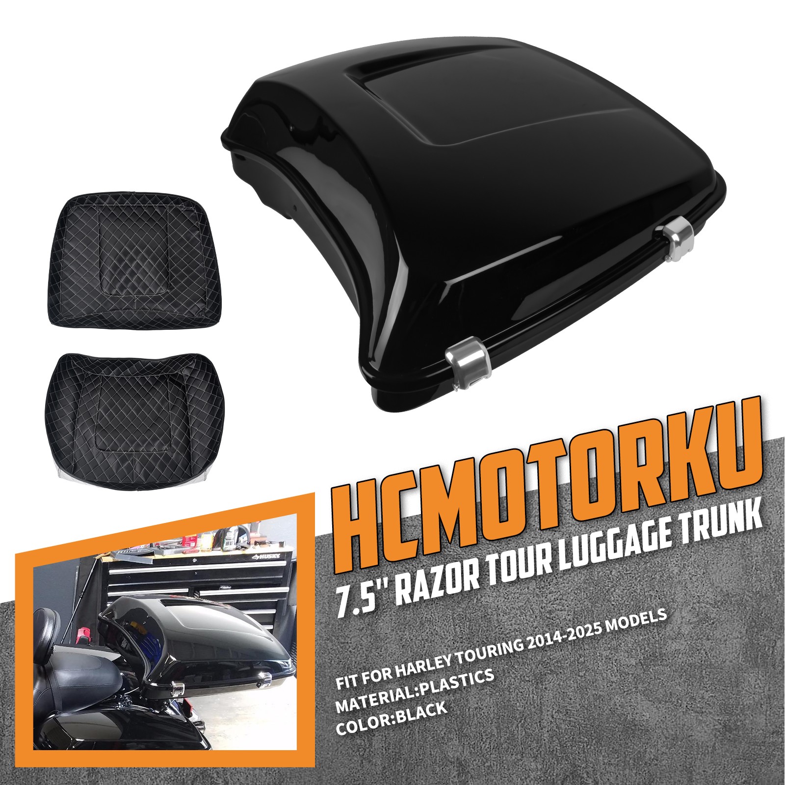 7.5″ Razor Chopped Pack Trunk w/Pad Chrome Latch For Harley Touring FLHT 2014-26