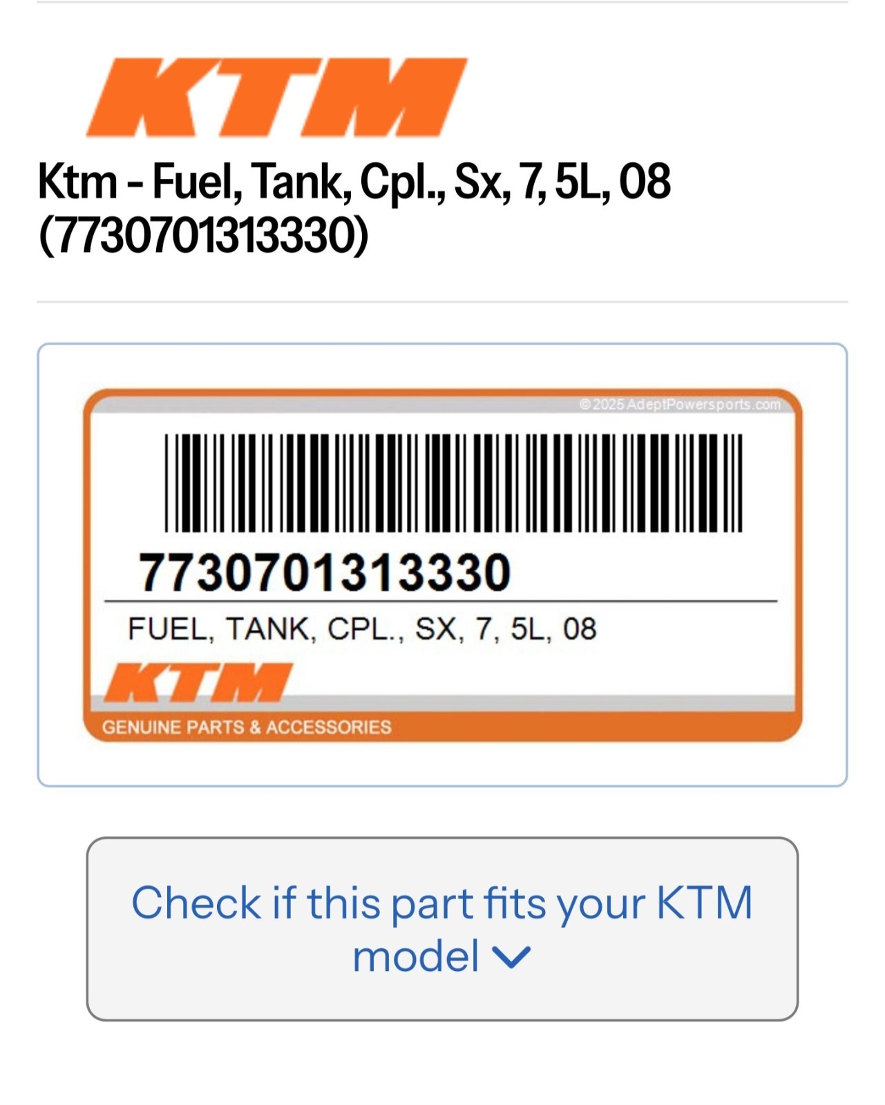 07-10 2009 KTM 150 SX 125 250 450 SX Fuel Tank Gas Tank Cap And Petcock OEM