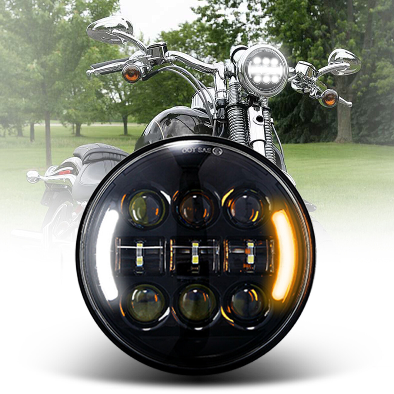 5-3/4″ 5.75inch Round Motorcycle LED Headlight with DRL Amber Turn Signal Black