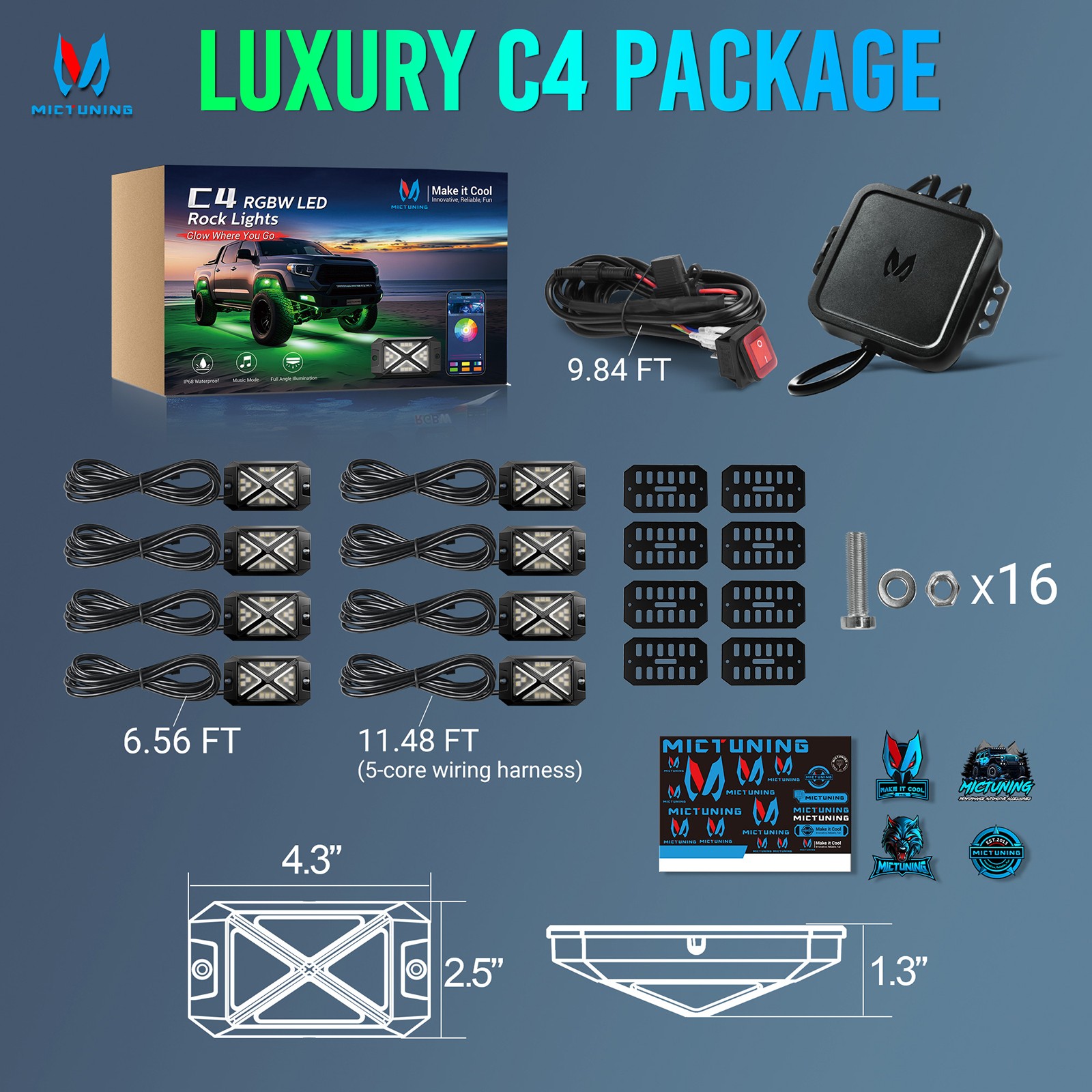 MICTUNING 8 Pods C4 RGBW LED Rock Lights – Underglow Neon Accent Lighting Kit US