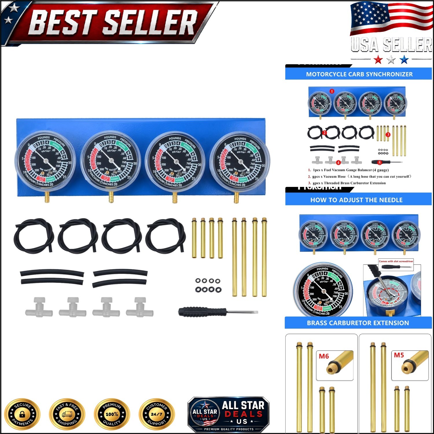 Sturdy Vacuum Carburetor Synchronizer Tool for Motorcycle Performance – 4 Gauge