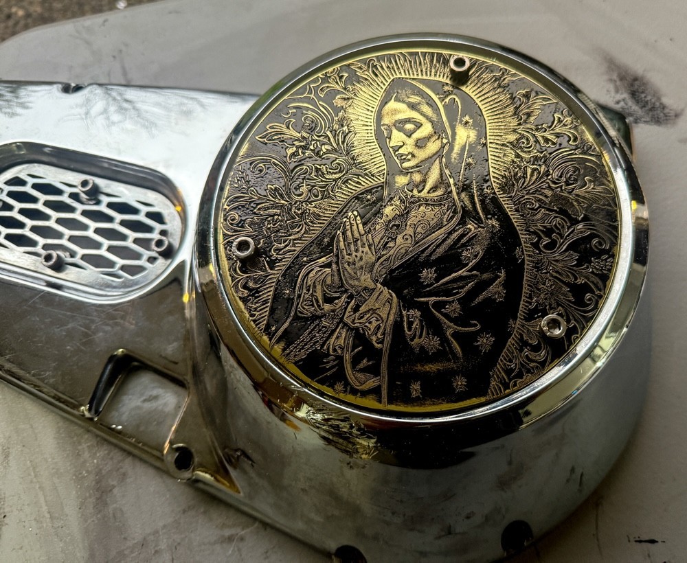 Brass Holy Mother engraved 3 Hole Derby Clutch Cover 1970-1998 EVO Shovelhead