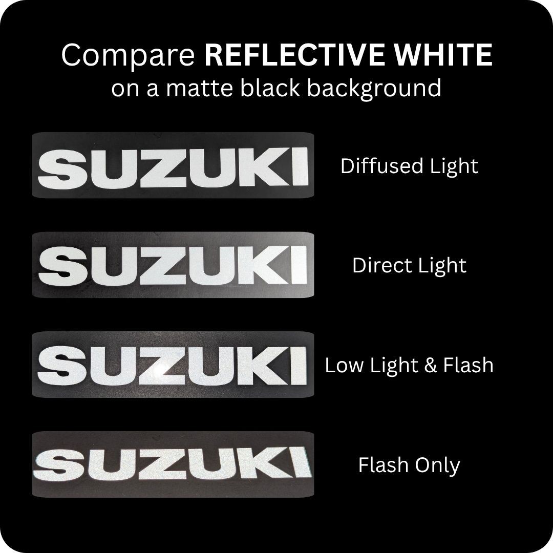 Suzuki REFLECTIVE WHITE 8.25in 21cm decals stickers samurai 750 1000 gsx r 250 s
