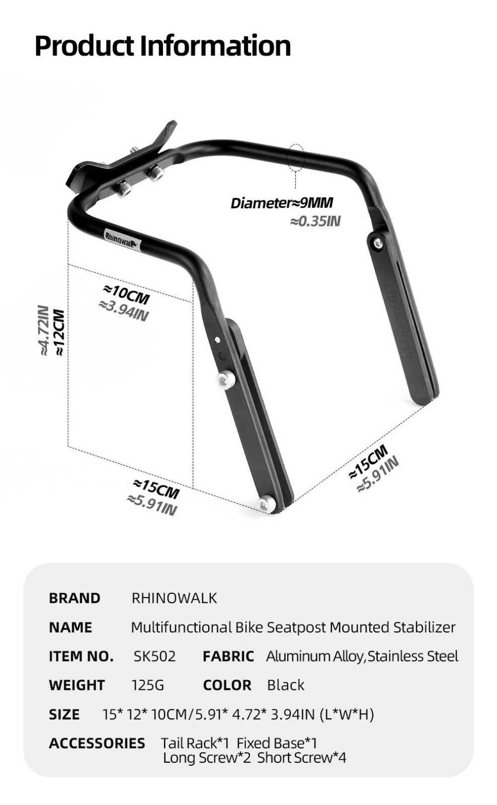 Rhinowalk Bicycle Rear Seat Rack Extended Reinforcement More Stable Black 1pc