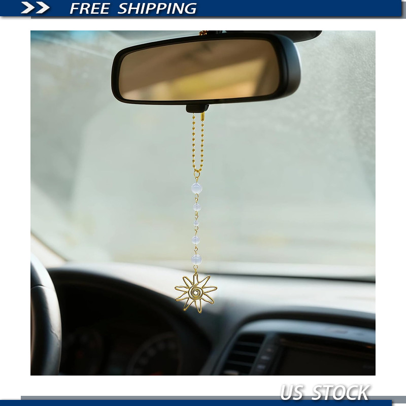 Handmade Boho Sun Crystal Car Charm, Dangling Decor Rear View Mirror Healing