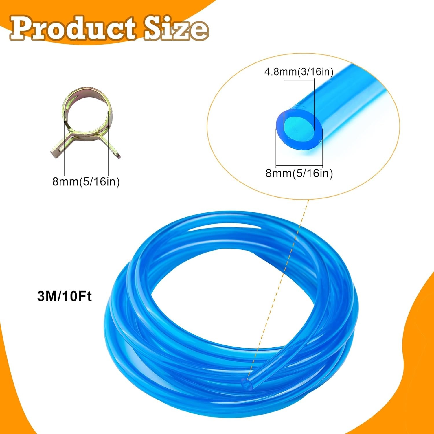 3/16 Clear Fuel Line Hose Tube Blue, I.D. x O.D. 5/16 (5 mm x 8 mm), Color: Blue