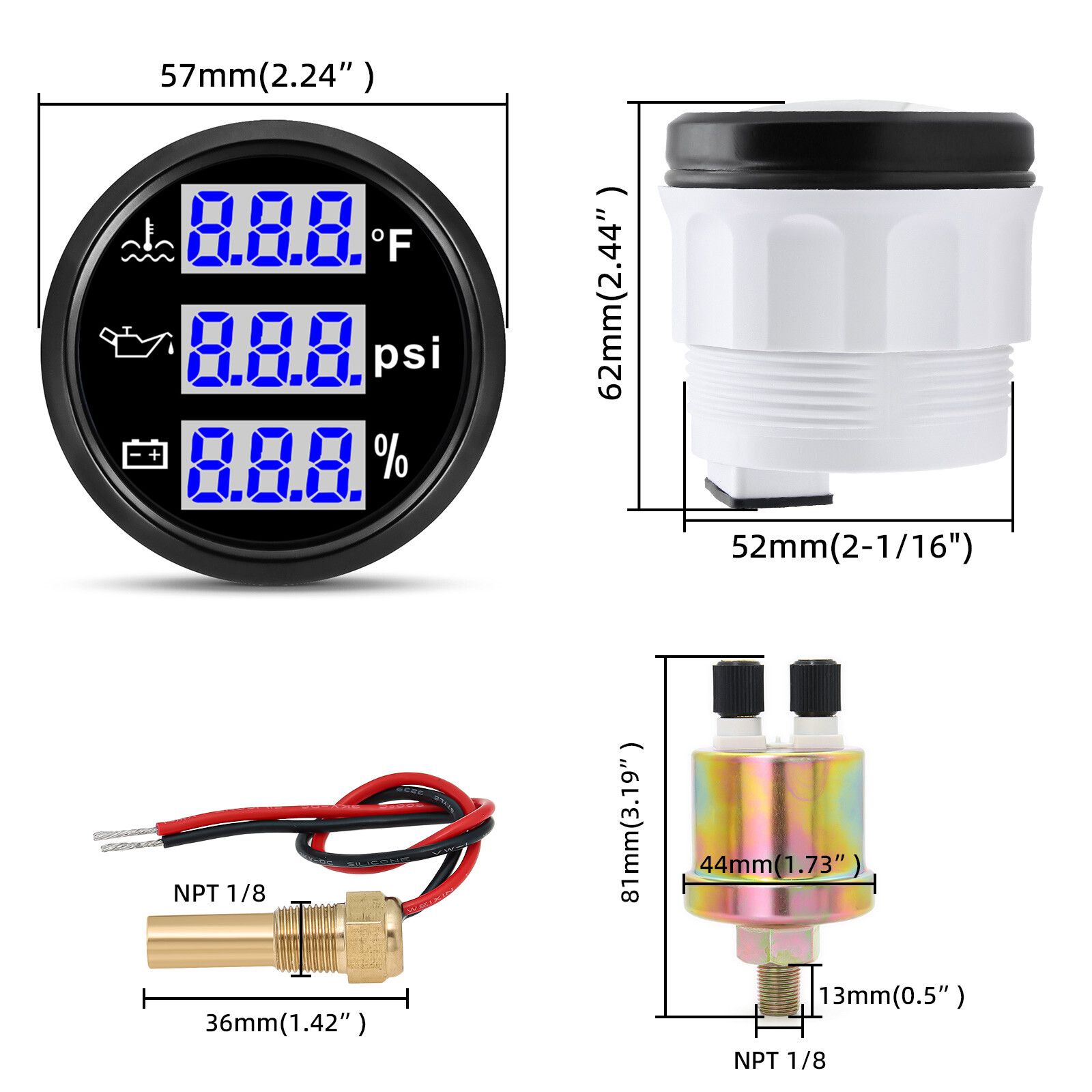52mm Boat Car 3in 1 Gauge Digital Water Temp Oil Pressure Voltmeter with Senders