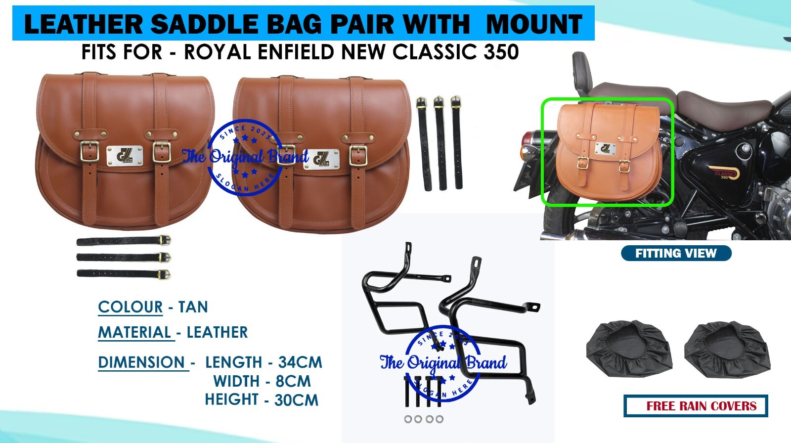 Royal Enfield “Tan Leather Saddle bag Pair With Mount Fit For New Classic 350”