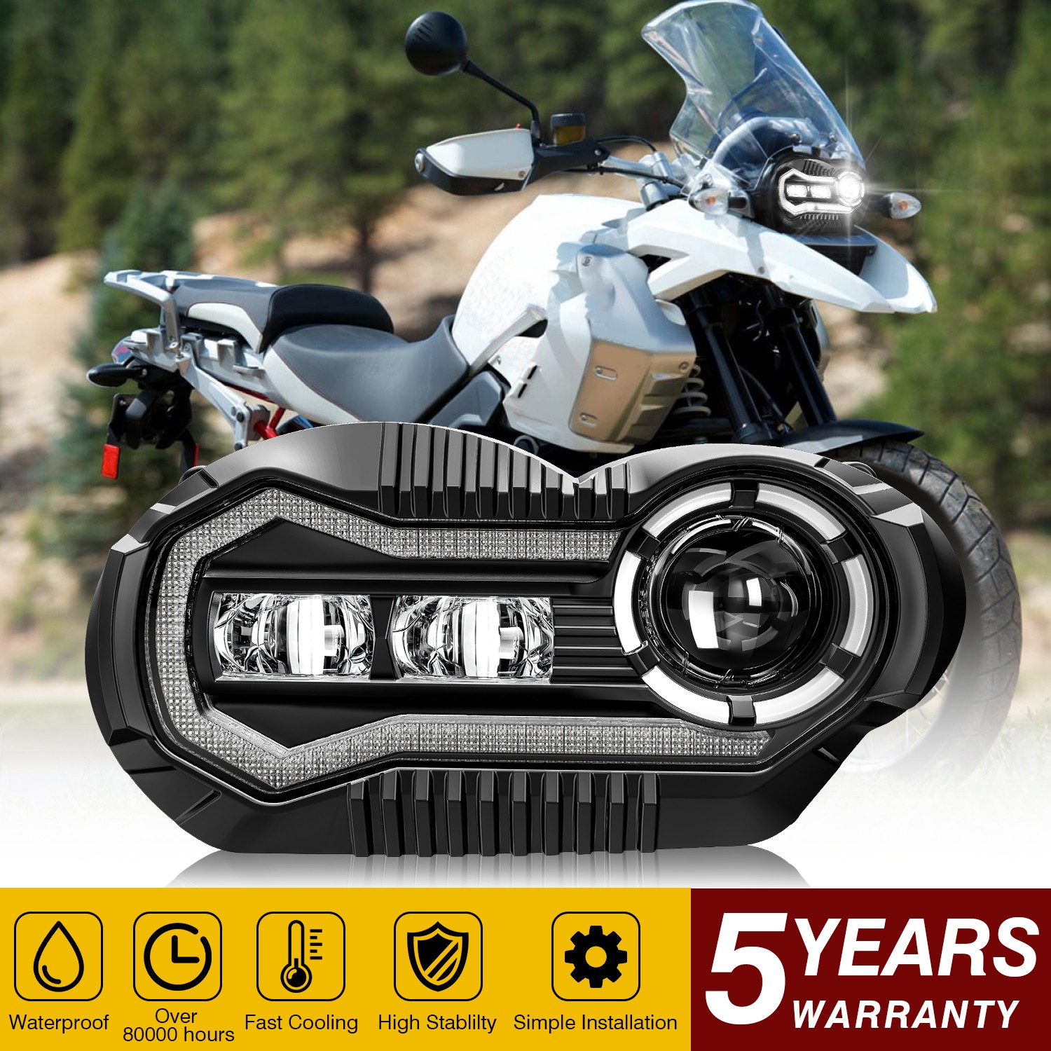 E-MARK Projector LED Halo Headlight Hi-Lo DRL Sealed For BMW R1200GS R1200GS ADV