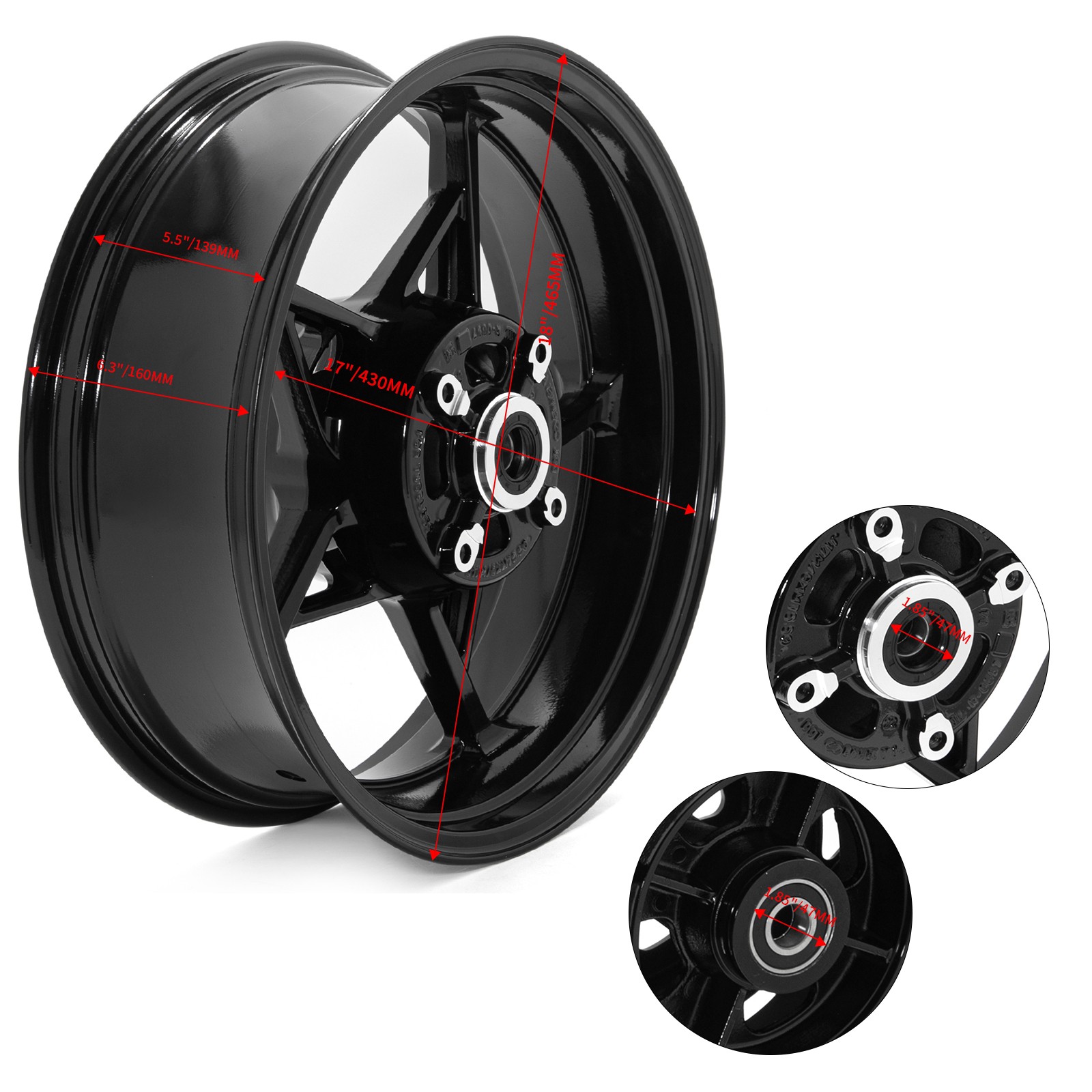 Aluminum 17″x5.5″ Black Tubeless Rear Wheel Rim Z900 17-24 ZR900SE For Kawasaki