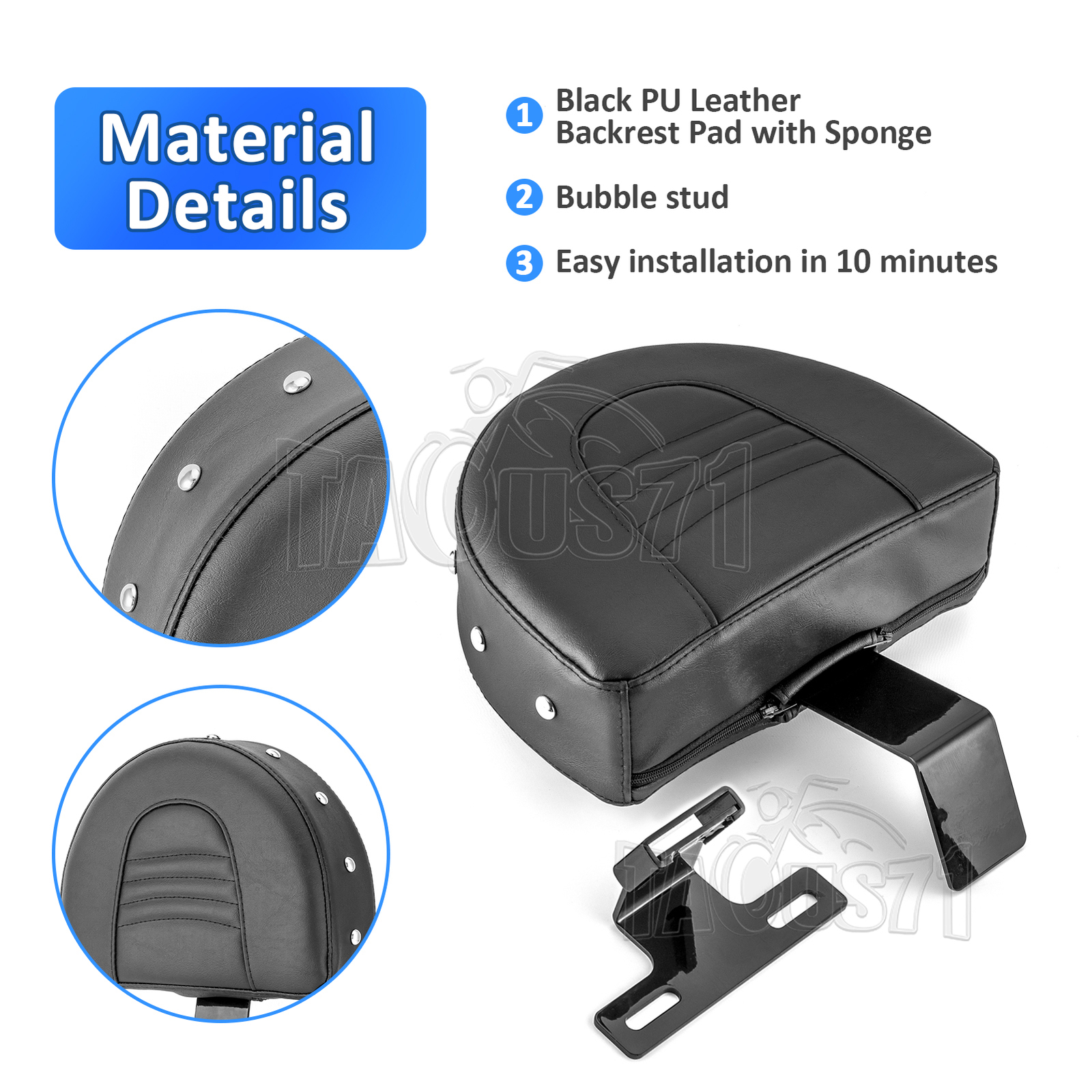 No Drilling-Black Driver Backrest Pad For Harley 93-06 Heritage Softail FLSTC