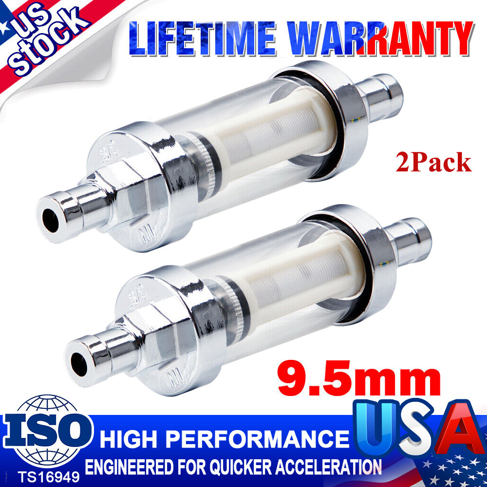 2X 3/8 in Clear Glass & Chrome Reusable Washable Inline Petrol Fuel Filter 9.5mm