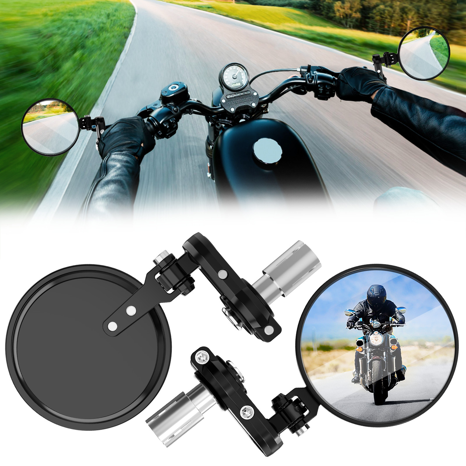 2PCS Universal Motorcycle Round 7/8″ 22mm Handle Bar End Rearview Side Mirrors