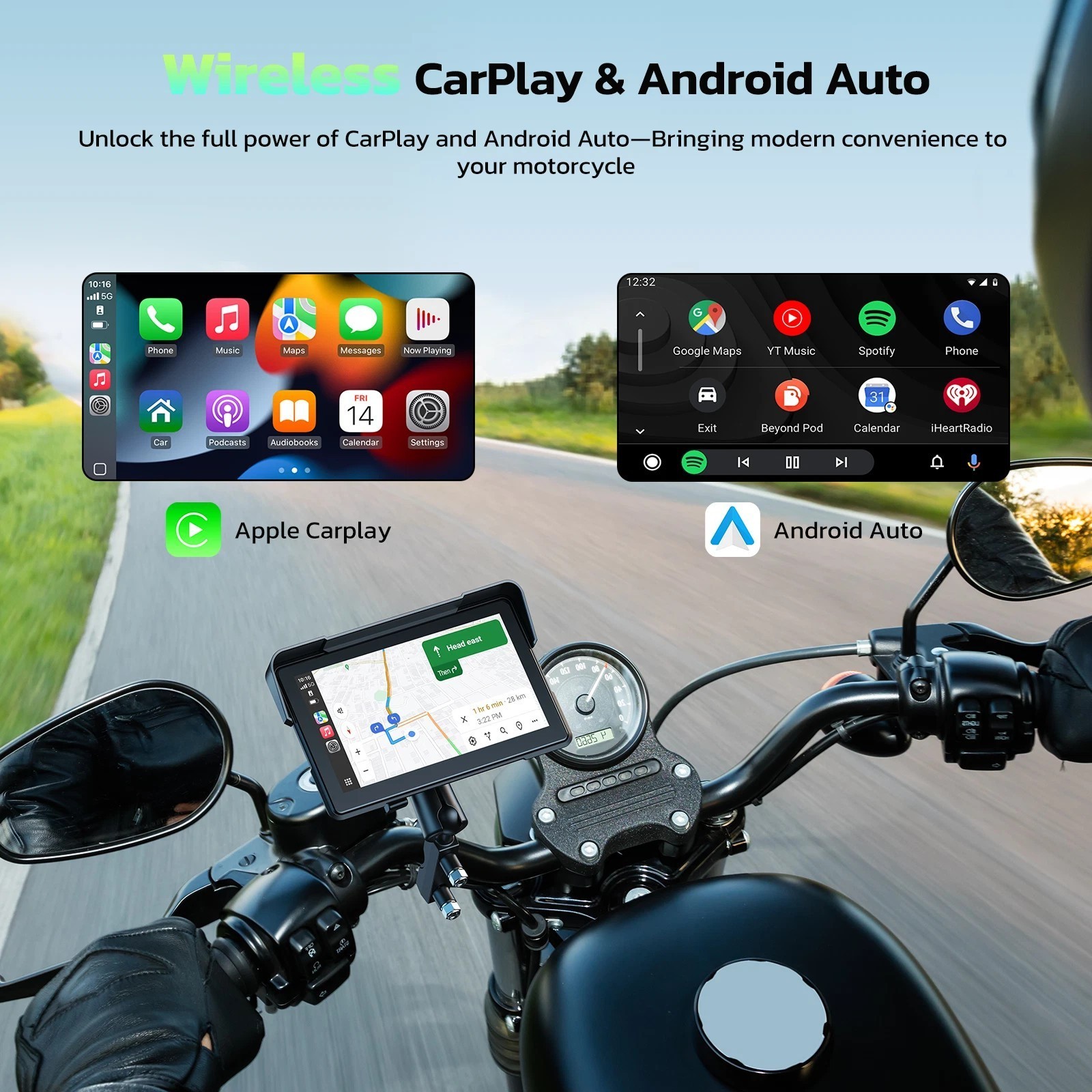 7″ Touch Screen Portable Moto Stereo Wireless CarPlay Android Auto Waterproof