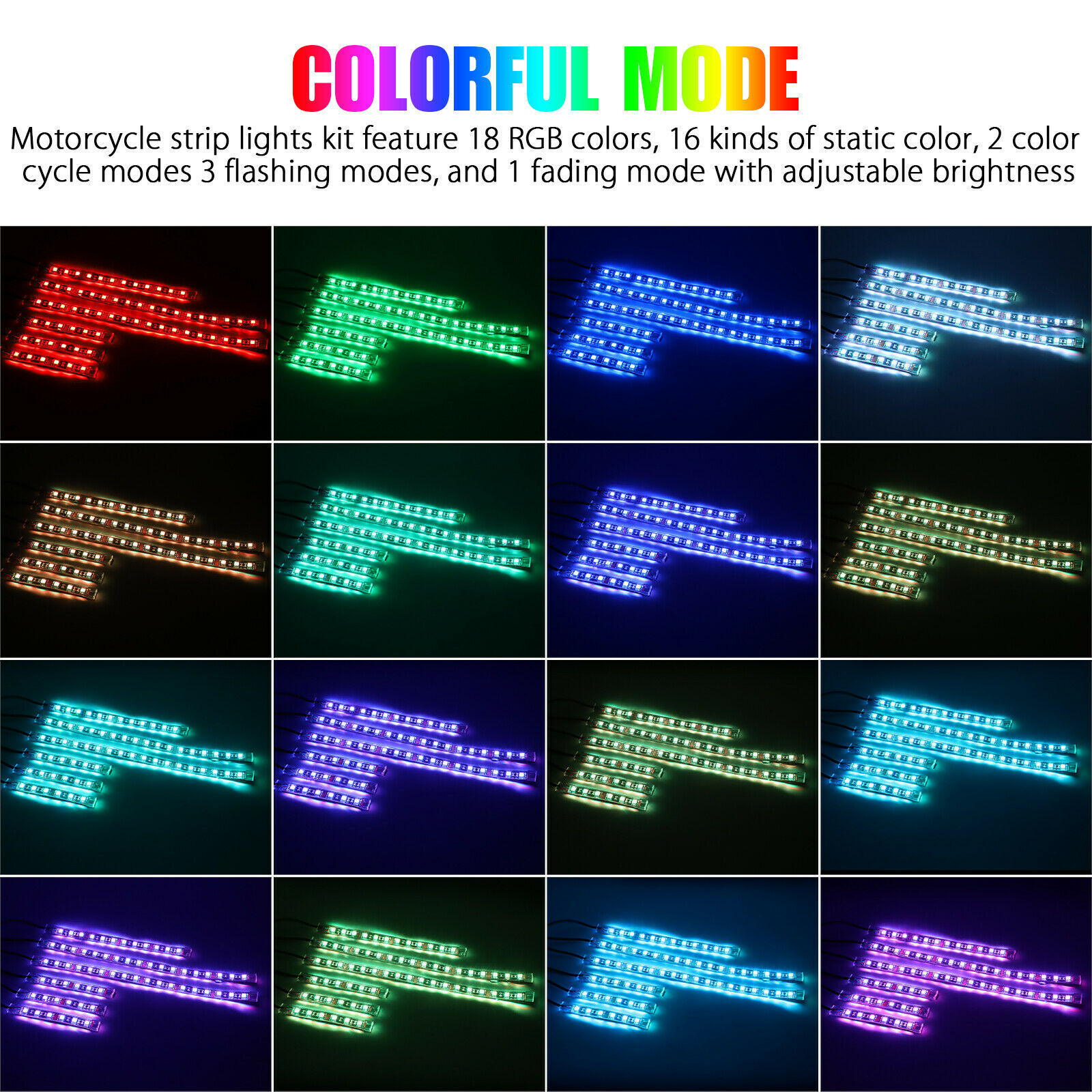 16PCS Motorcycle RGB LED Strip Light Under Glow Neon Kit Bluetooth APP Control