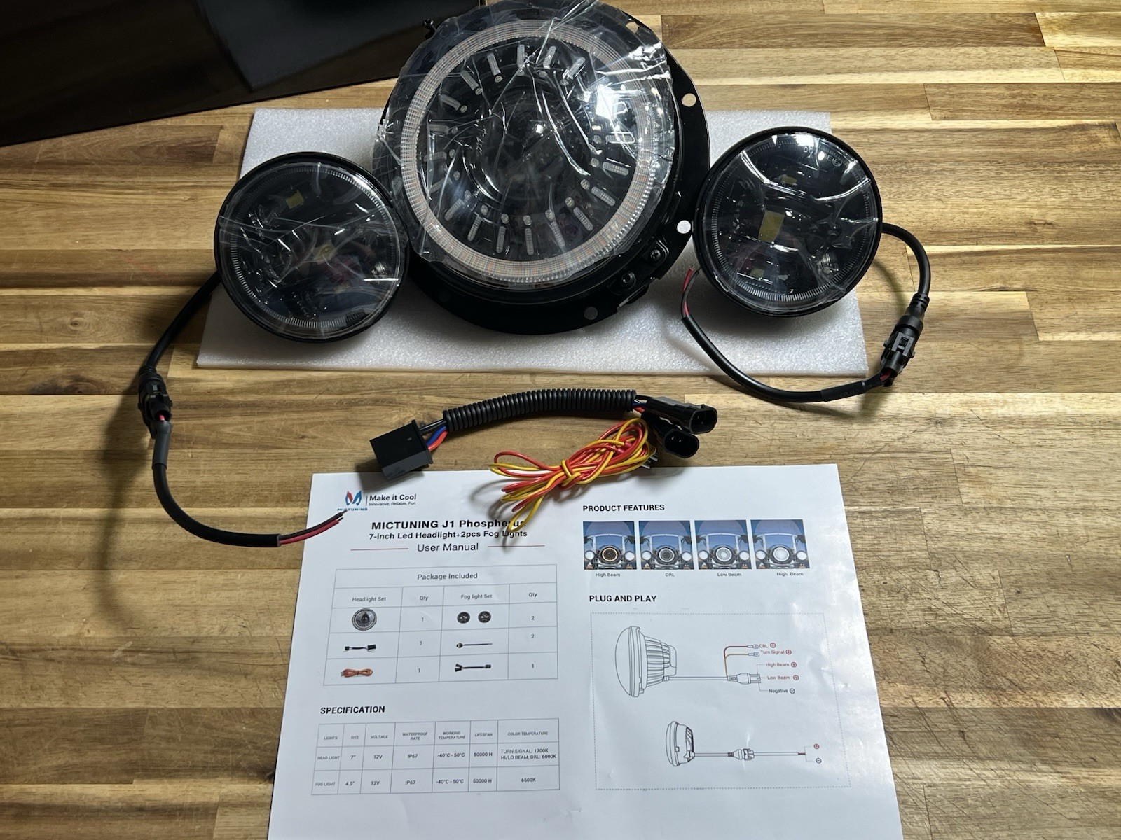 MICTUNING J1 Phospherus 7-inch Led Headlight+2pcs Fog Lights
