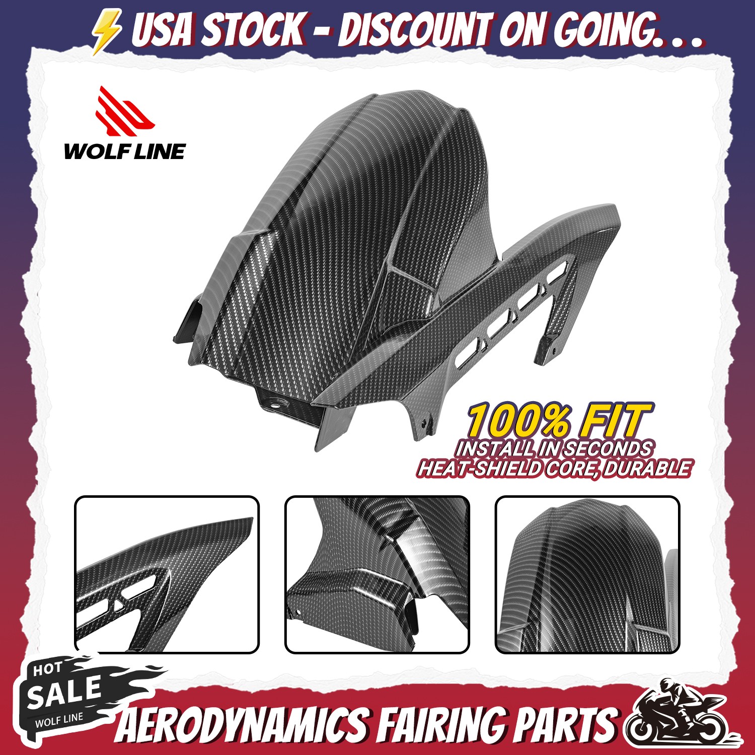 WOLFLINE Rear Fender Mudguard For Kawasaki Z900RS 2017-2025 Carbon Fiber Pattern
