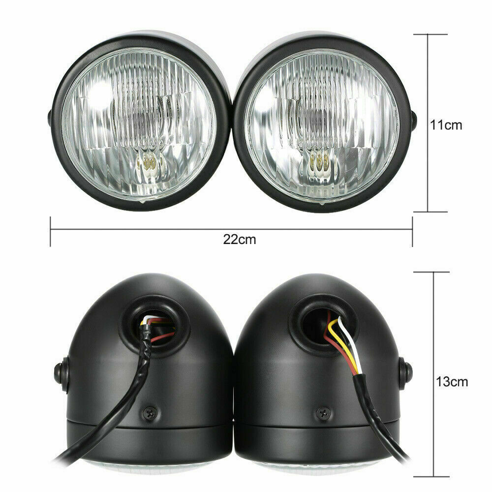 Black Twin Headlight Motorcycle Double Dual Lamp Street Fighter Universal