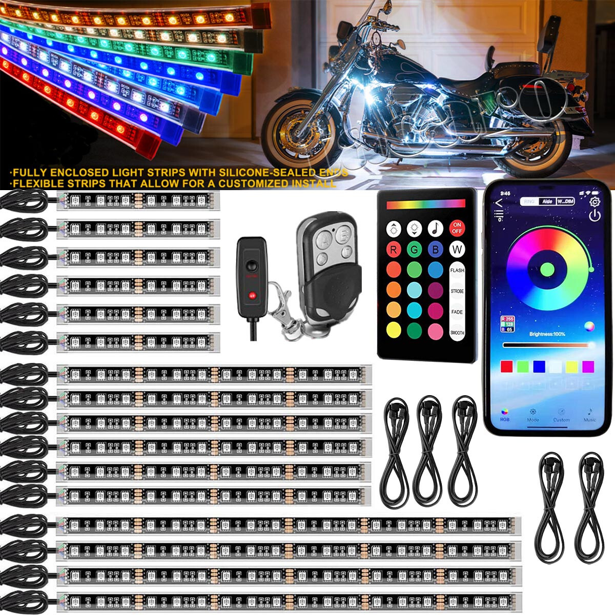 16pc RGB Motorcycle LED Neon Under Glow Lighting Kit For Harley Davidson Music