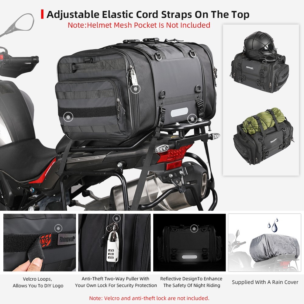 Rhinowalk Motorcycle Travel Luggage Tail Bag 45L Waterproof Trunk/Rack Box Black