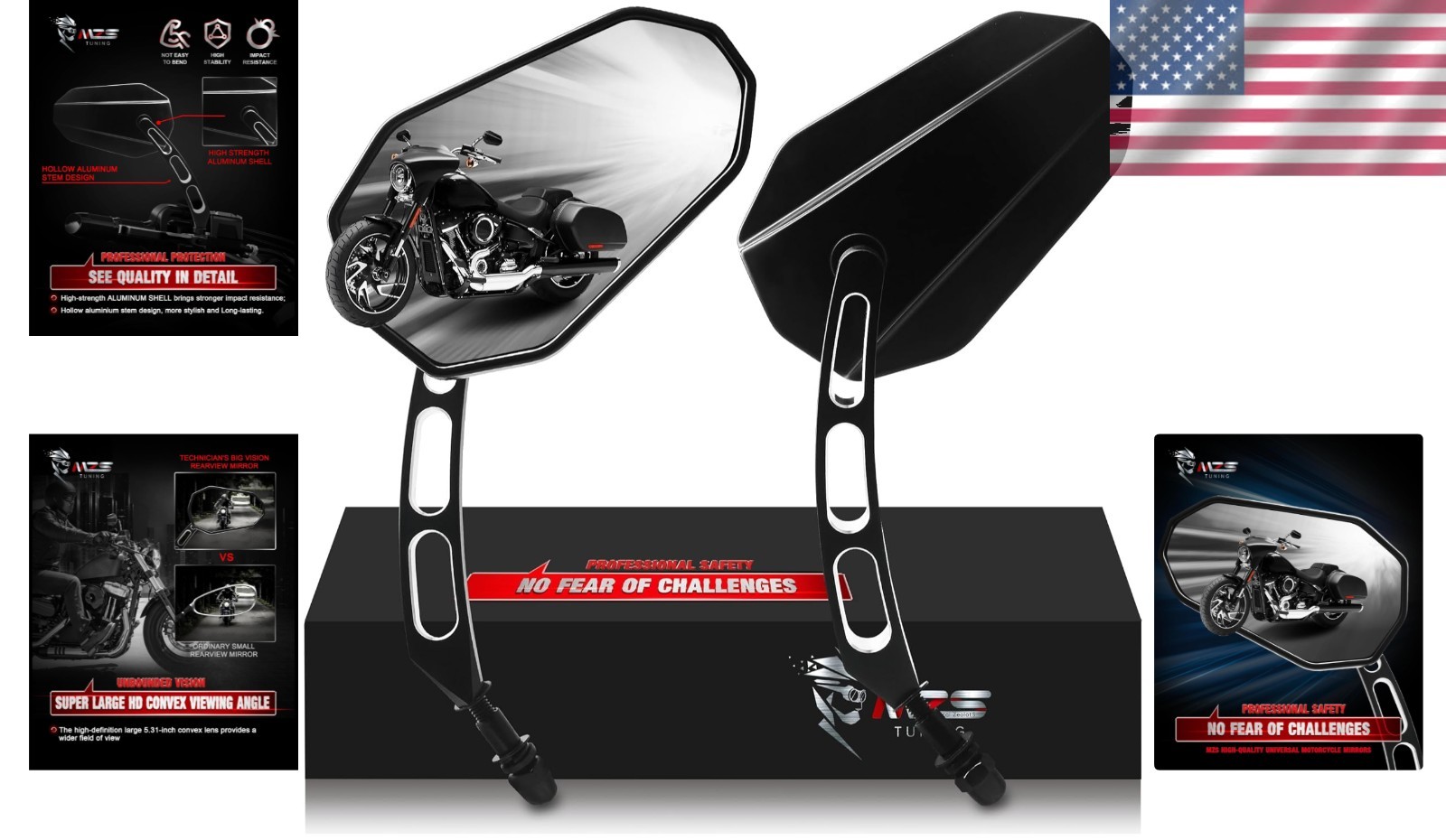 Black M8 Motorcycle Mirrors with Adjustable Convex Lens for Safer Rides