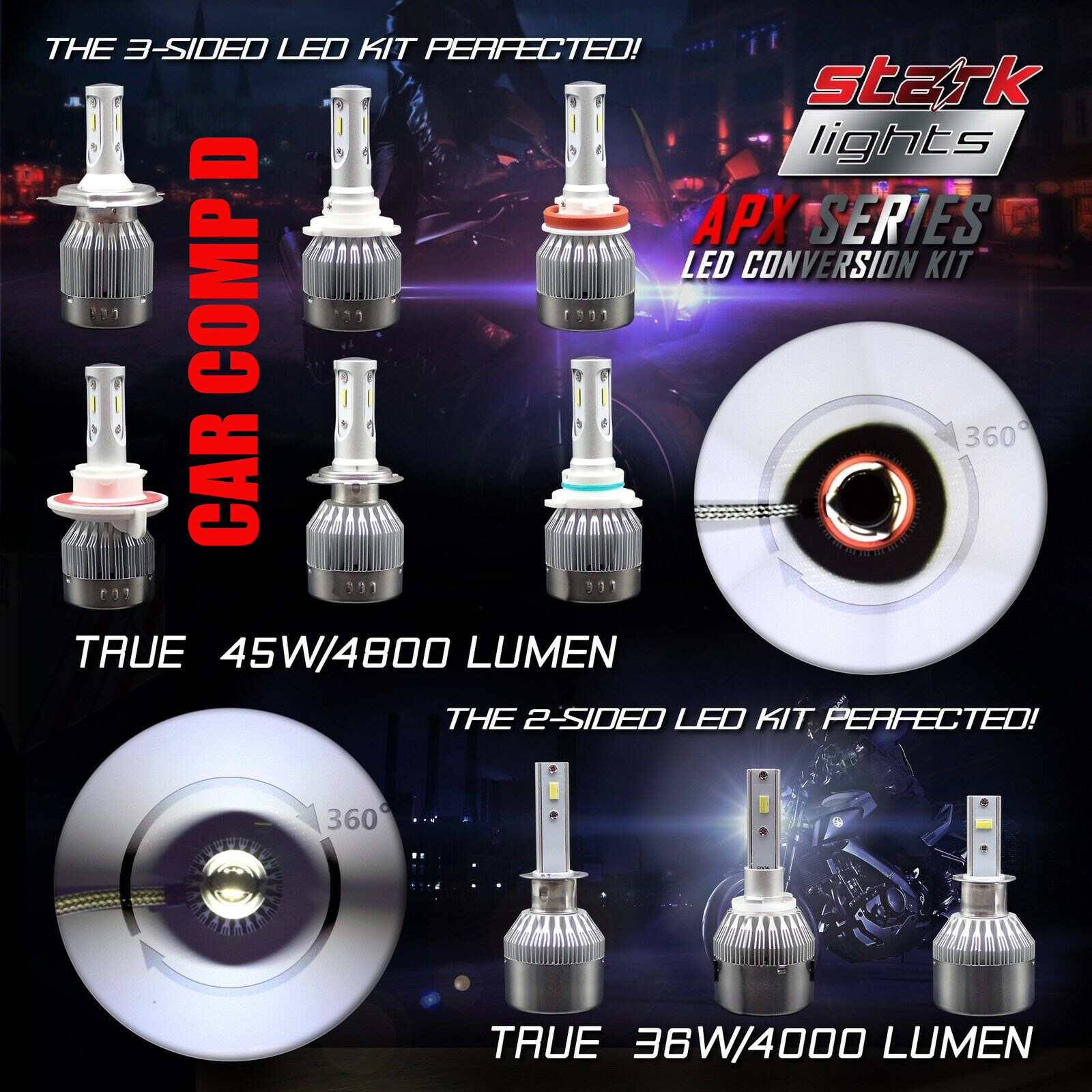 Stark APX 45W 4800LM LED Motorcycle Headlight Kit Bulb or Bulbs 6000K White (C)