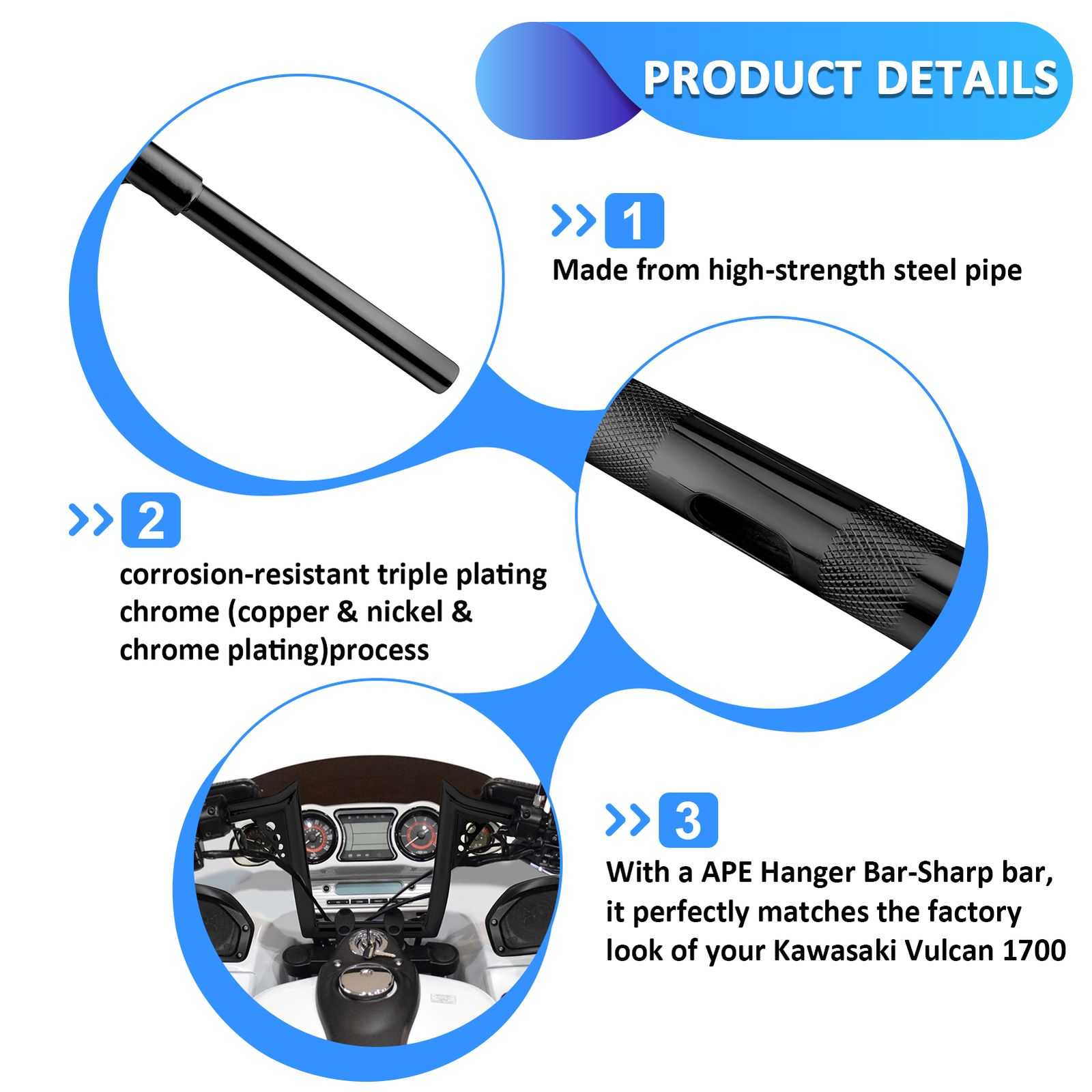 12″ Rise Ape Hanger Handlebar For Kawasaki Vulcan 1700 Vaquero Voyager VN1700