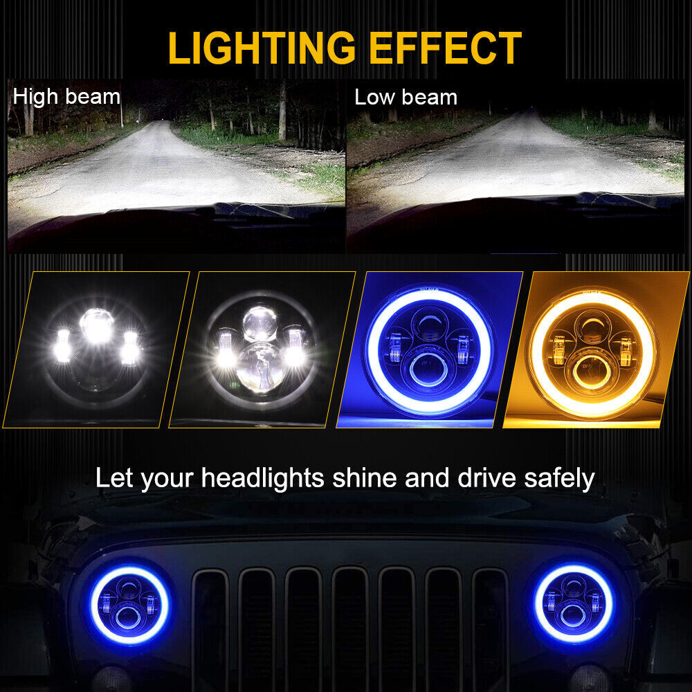 7″ Inch Motorcycle LED Headlight W/BLUE DRL Hi/Lo Beam Lamp For Motorbike Motor