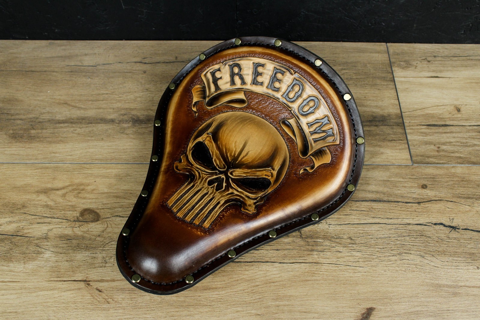Handmade Brown Leather Motorcycle Solo Seat Saddle Scull Punk Chopper Bobber S