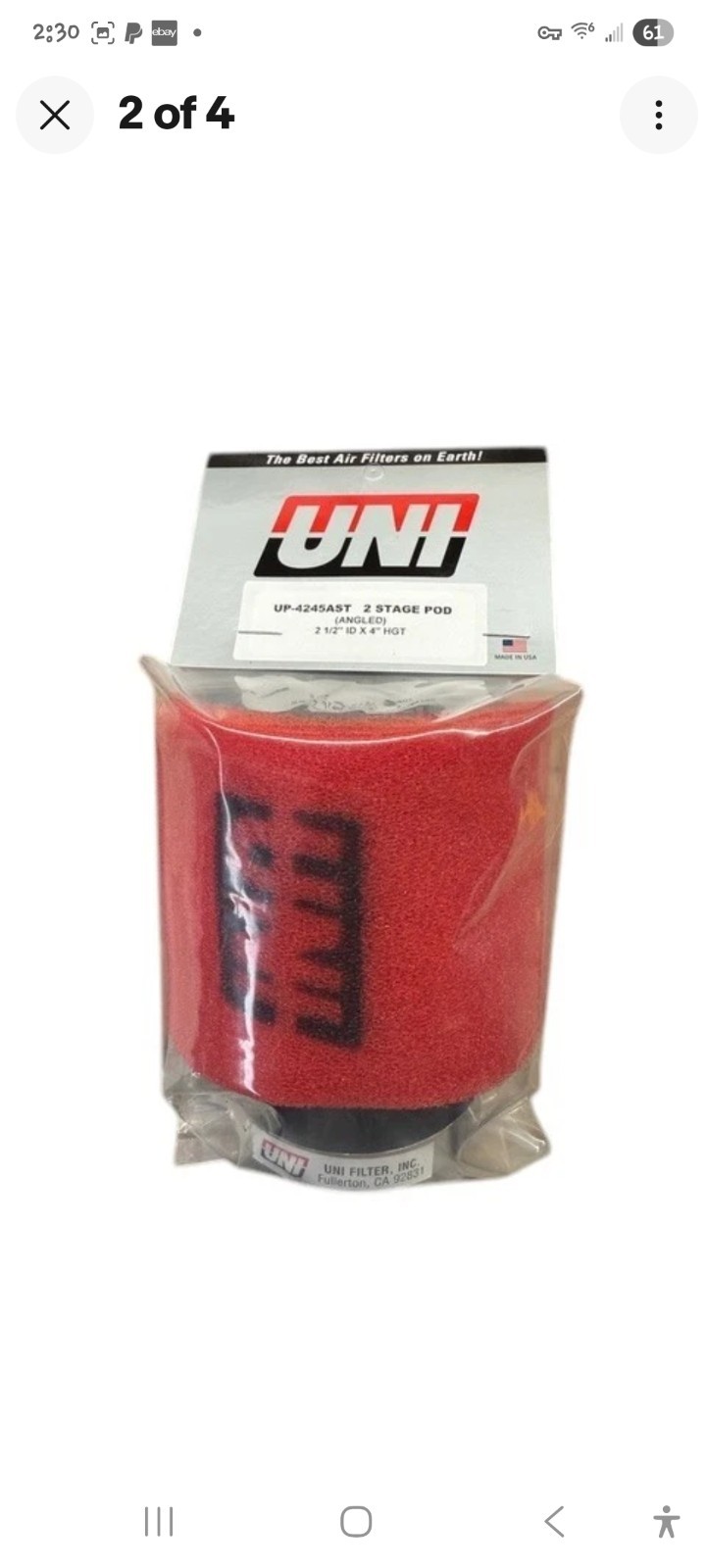 Uni 2 Stage Air Filter Pod 2 ¹/²” Angled Inlet – 4″ Od