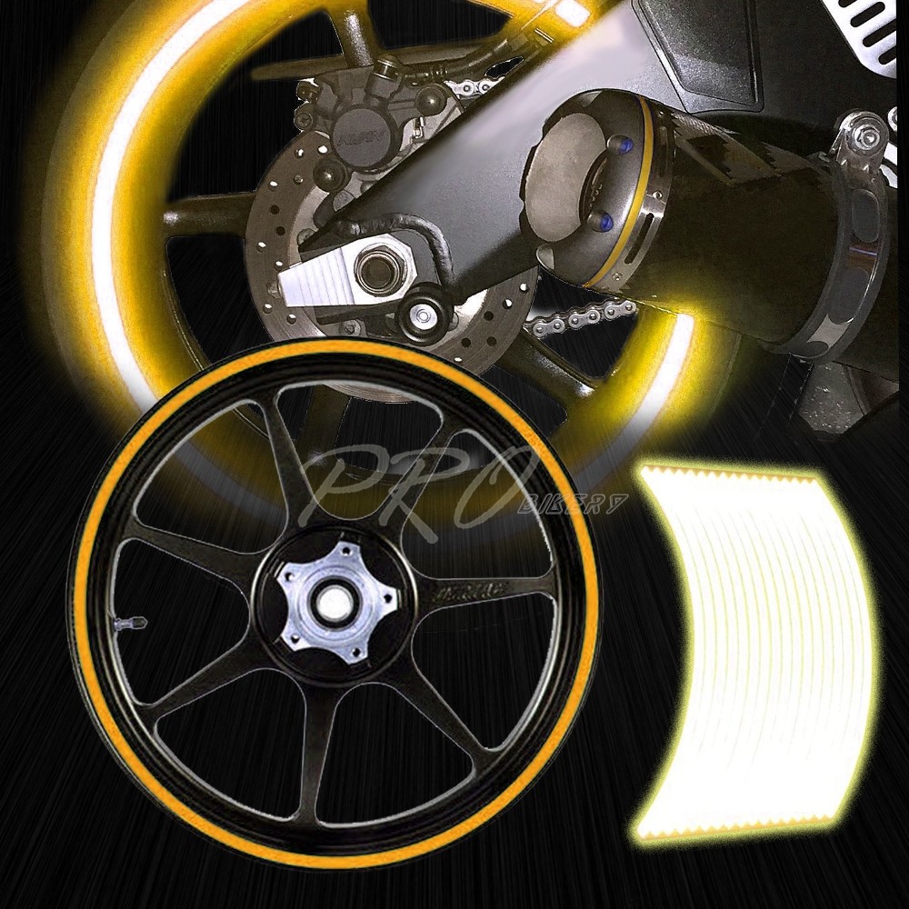 16/17/18″Inches Reflective Rim Tape/Front+Rear Wheel 4-Side Stripes Sticker Gold