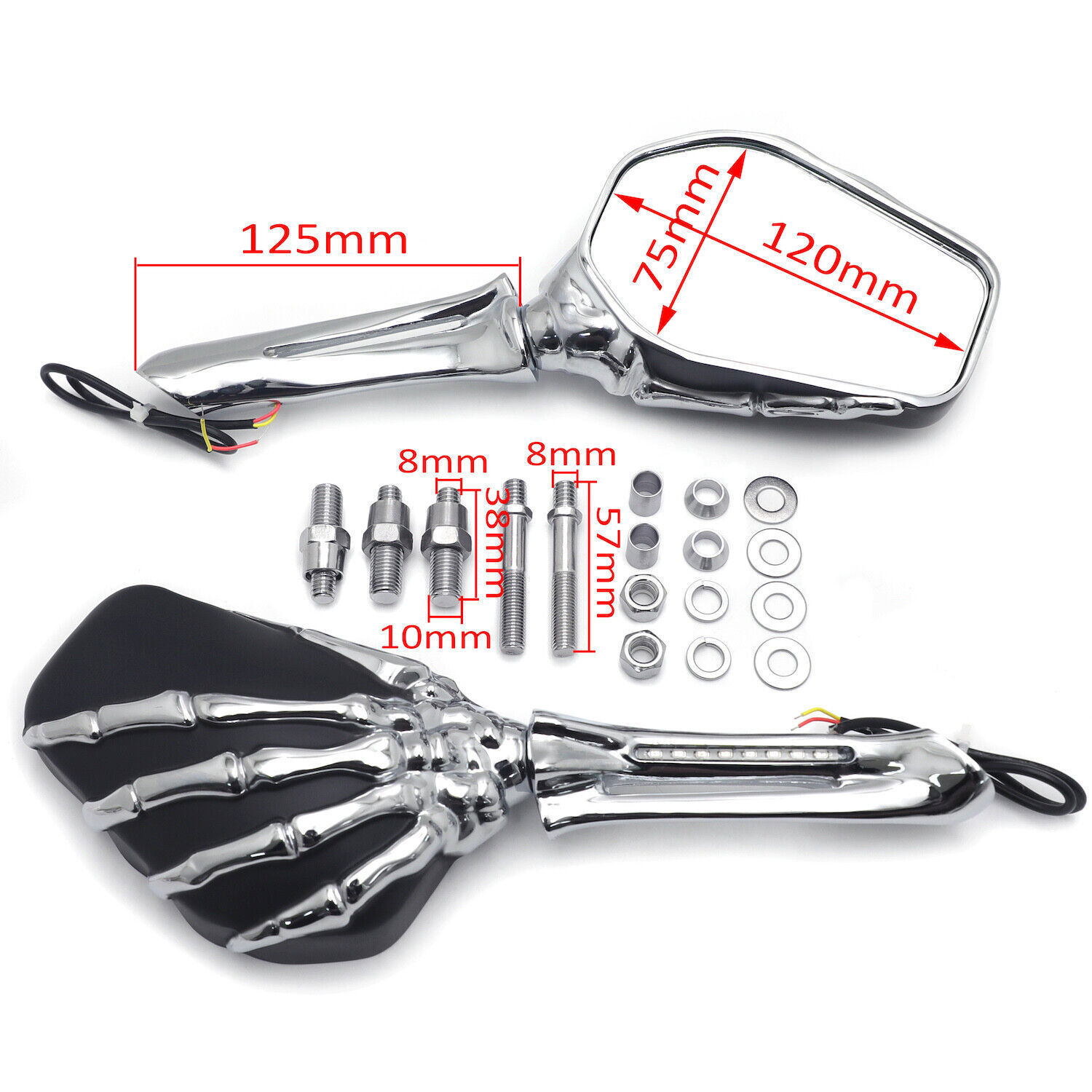 HTTMT LED Skull Rearview Mirrors w/8mm 10mm Bolts For Harley Street Glide