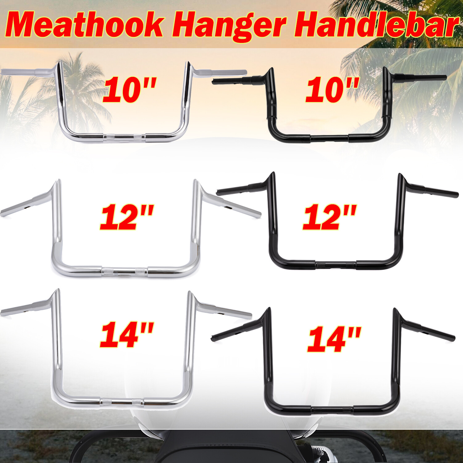 16” 10″ 12″ 14″ Meathook Ape Hanger Handlebar For Harley Electra Street Glide