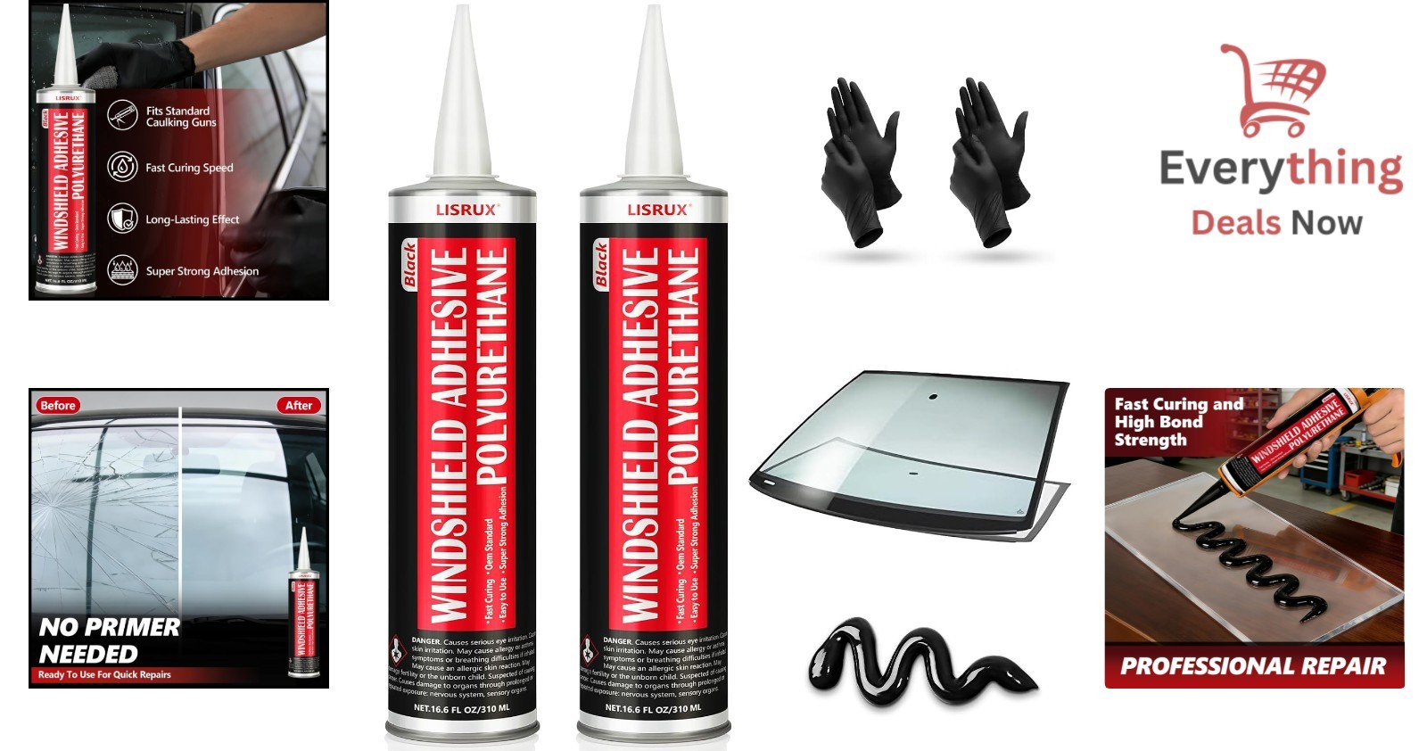 2 Pack Automotive Windshield Adhesive Sealant Black – Waterproof, Quick Cure