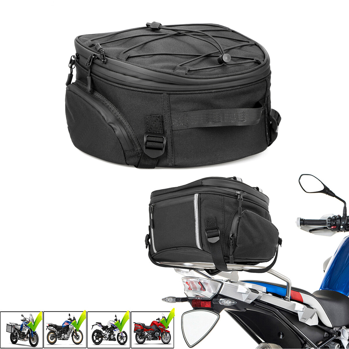 Motorcycle Rear Tail Seat Back Saddle Helmet Waterproof Shoulder Carry Bag Black
