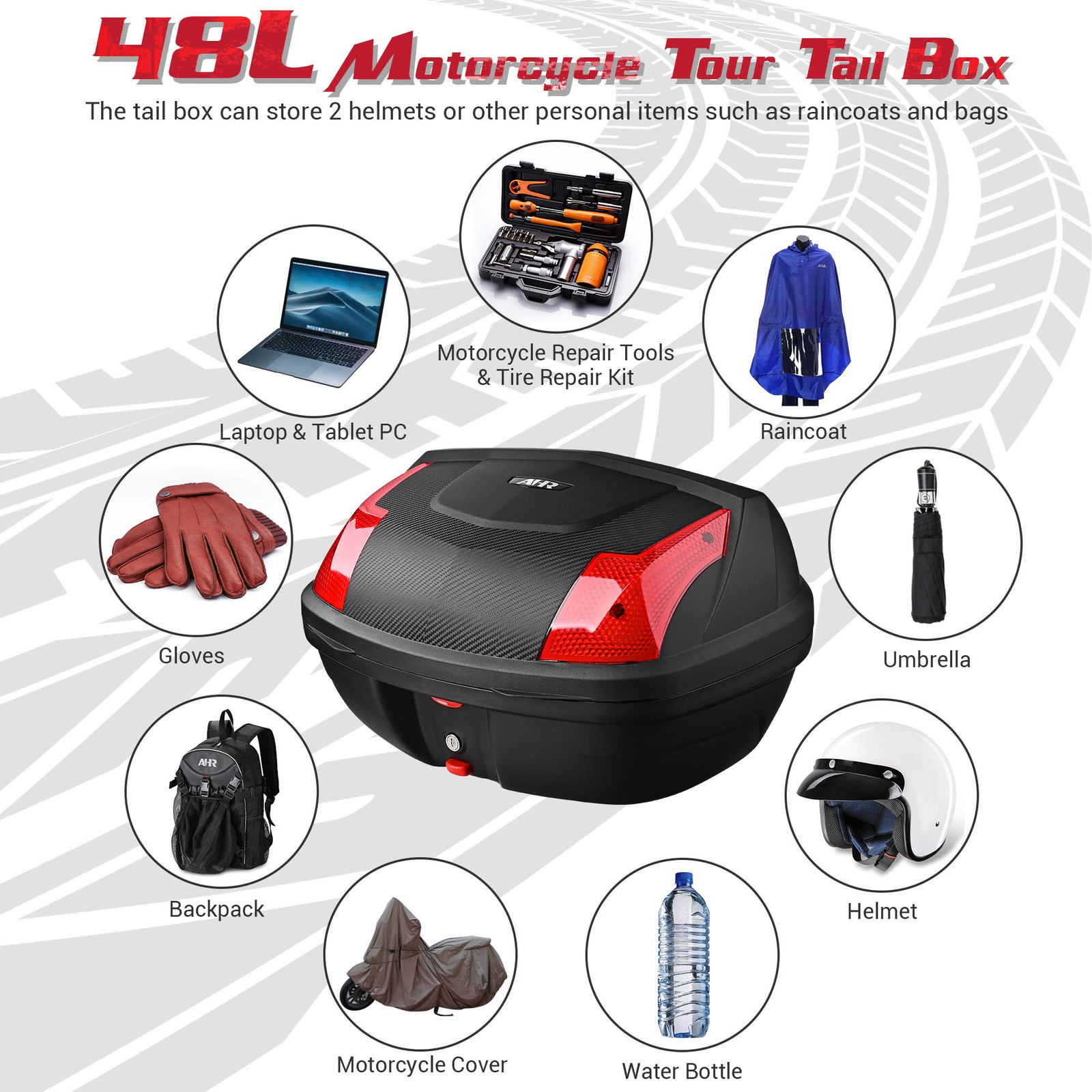 AHR Universal 48L Motorcycle Tour Tail Box Scooter Trunk Storage Lock Top Case