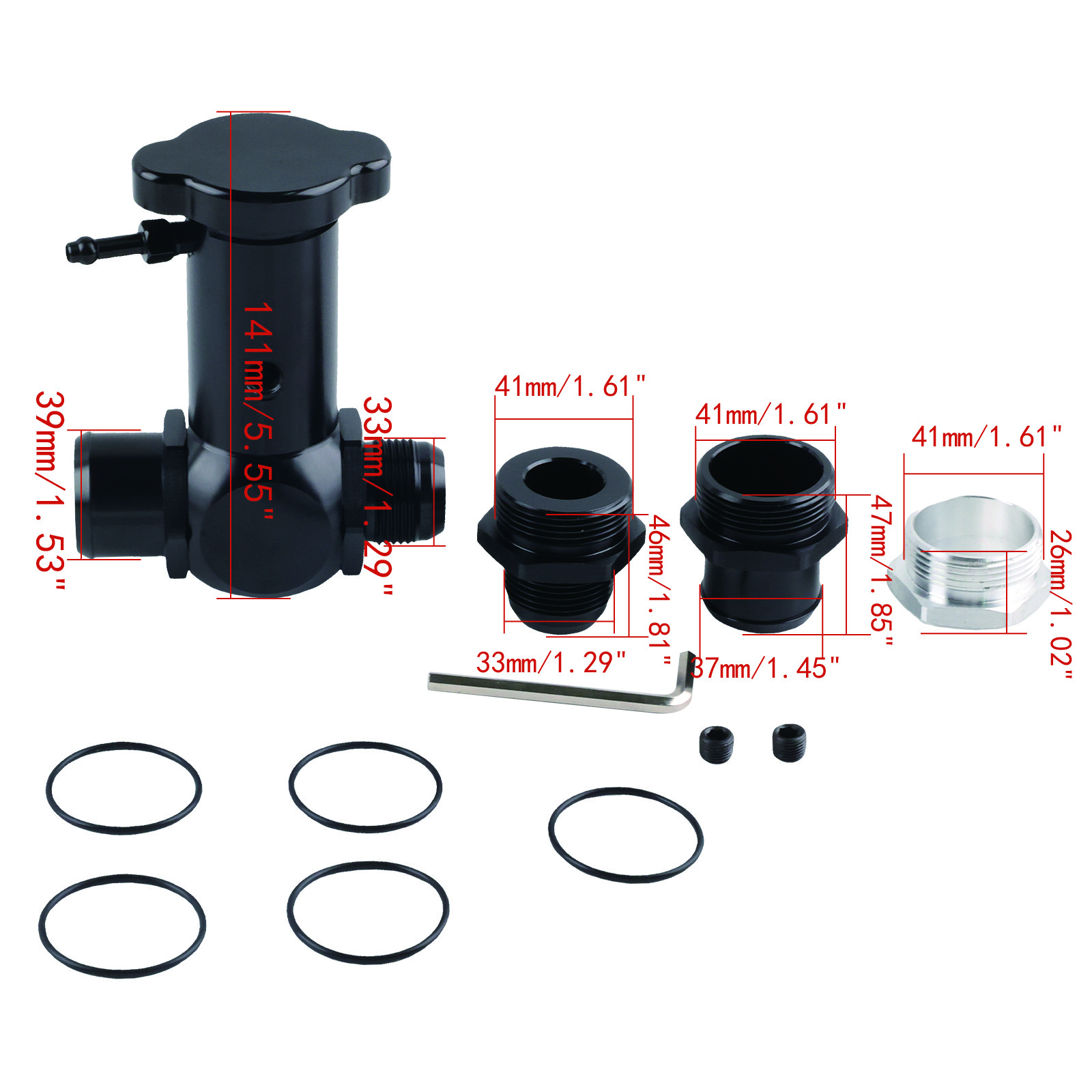 Upgraded Aluminum Black Raised Inline Filler Neck 1.5″ Fittings Radiator Cap NEW