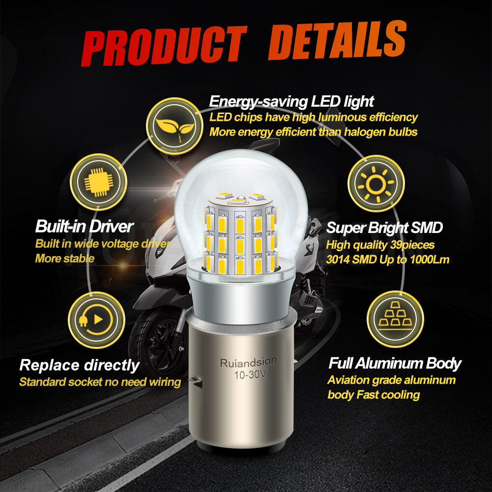 Ruiandsion BA20D LED Bulb Motorcycle Headlamp H6 Car DRL Hi Lo Beam 10-30V 4300K