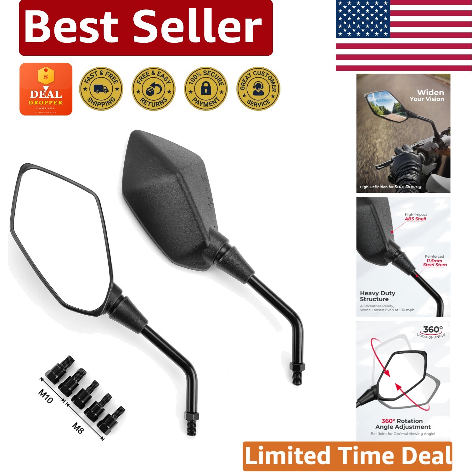 Universal Motorcycle Mirrors with Convex Lens – Enhanced Rear Visibility