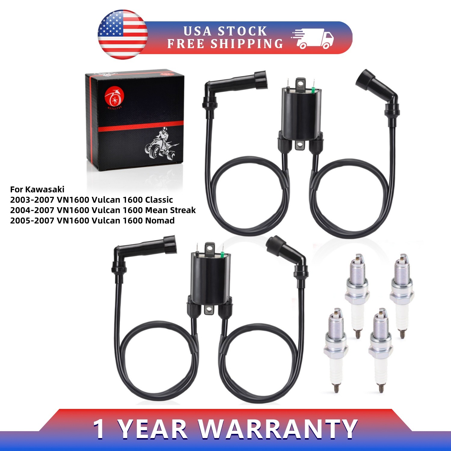 2 Pack Ignition Coils w/Spark Plug for Kawasaki Vulcan 1600 VN1600 2003 – 2007