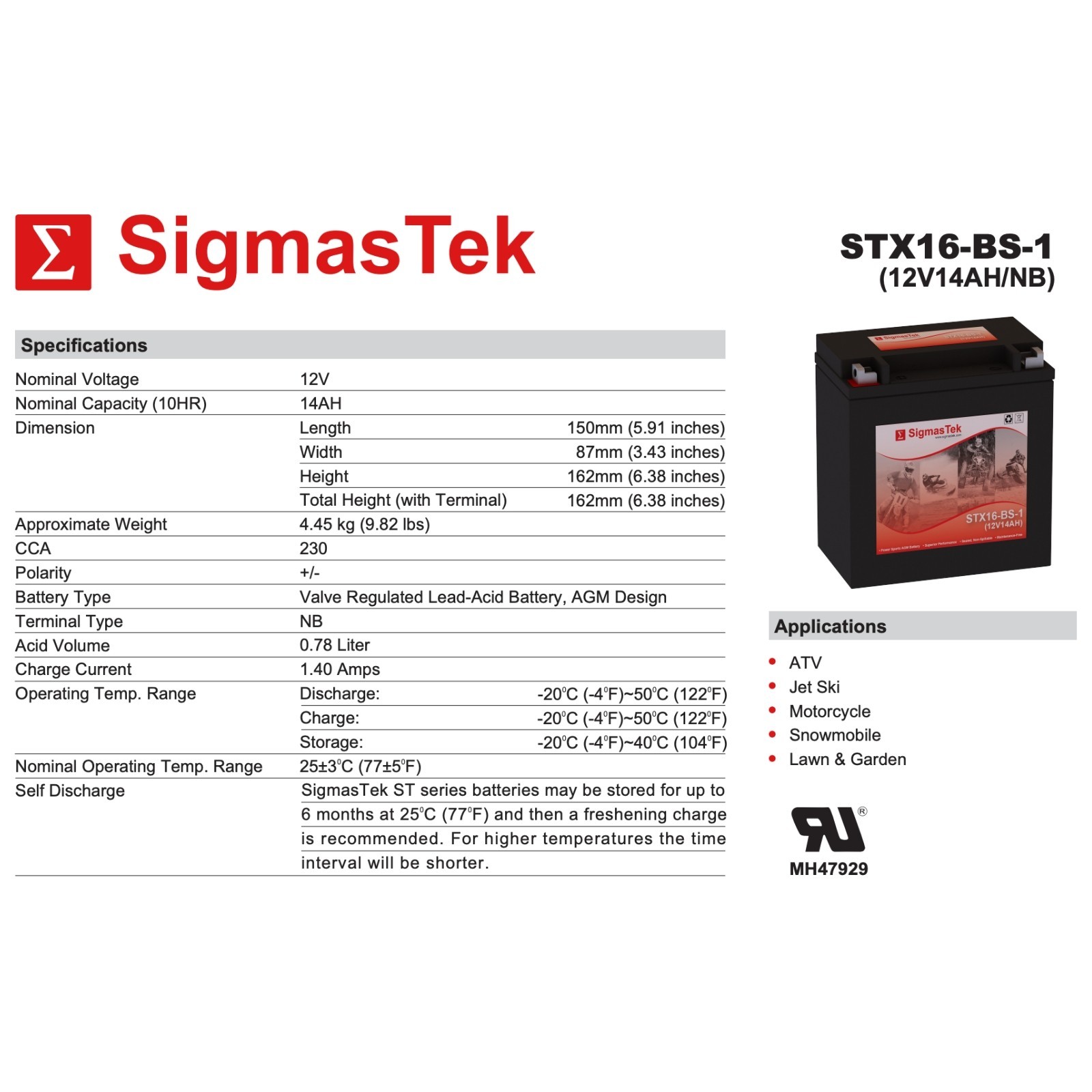 SigmasTek STX16-BS-1 SLA Powersports Battery Replacement for Champion X16-BS-1