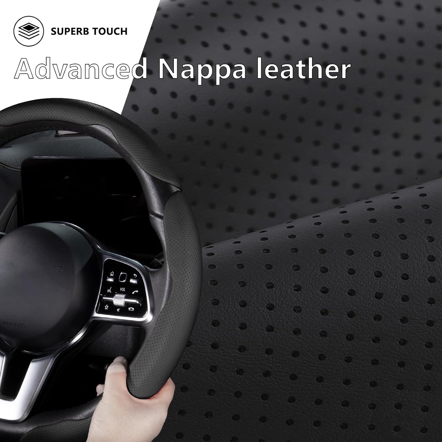 Universal 14.5-15 Inch Leather Steering Wheel Cover Set 3 Black Snap On