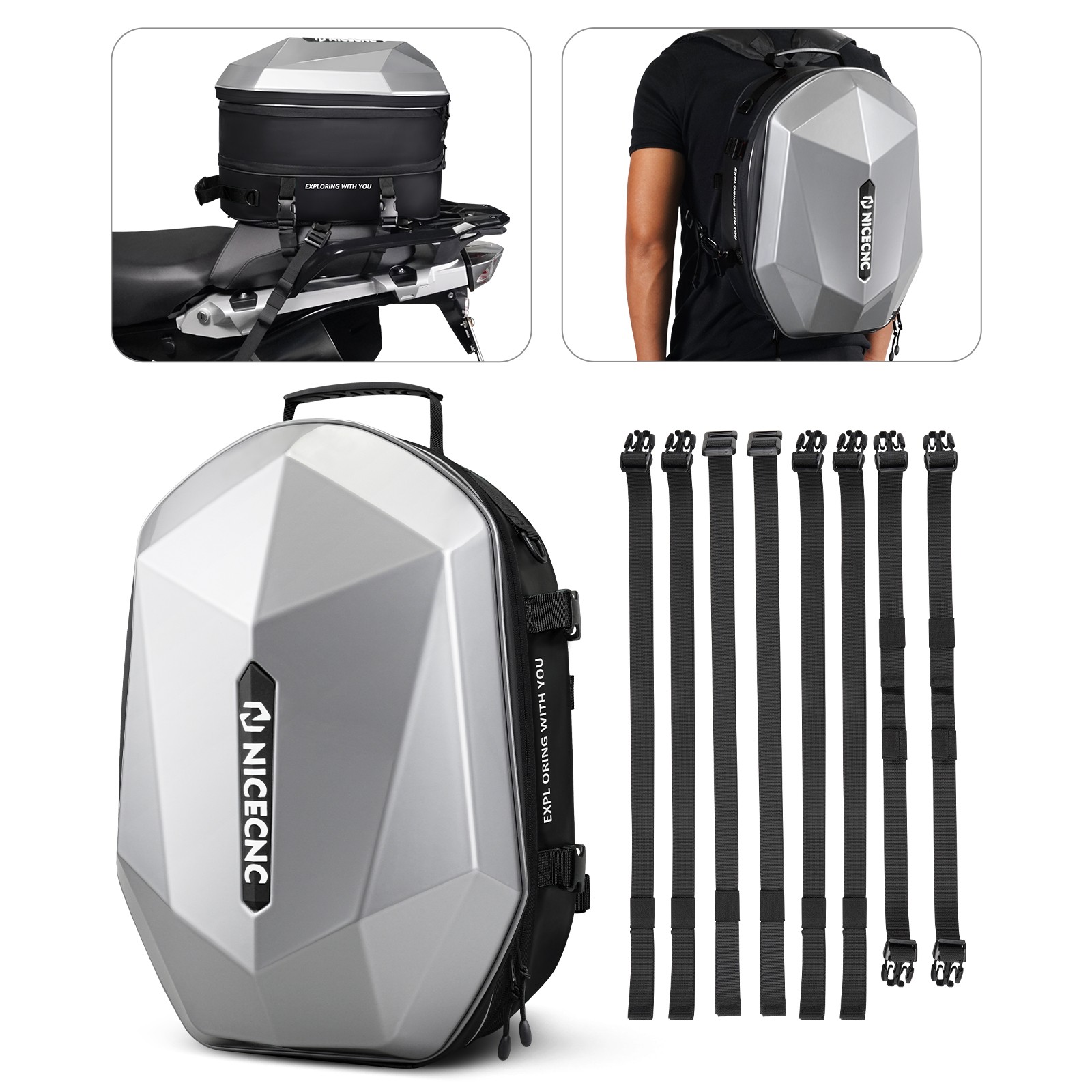 Expandable Motorcycle Tail Bag Hard Shell Helmet Backpack Travel Luggage Storage