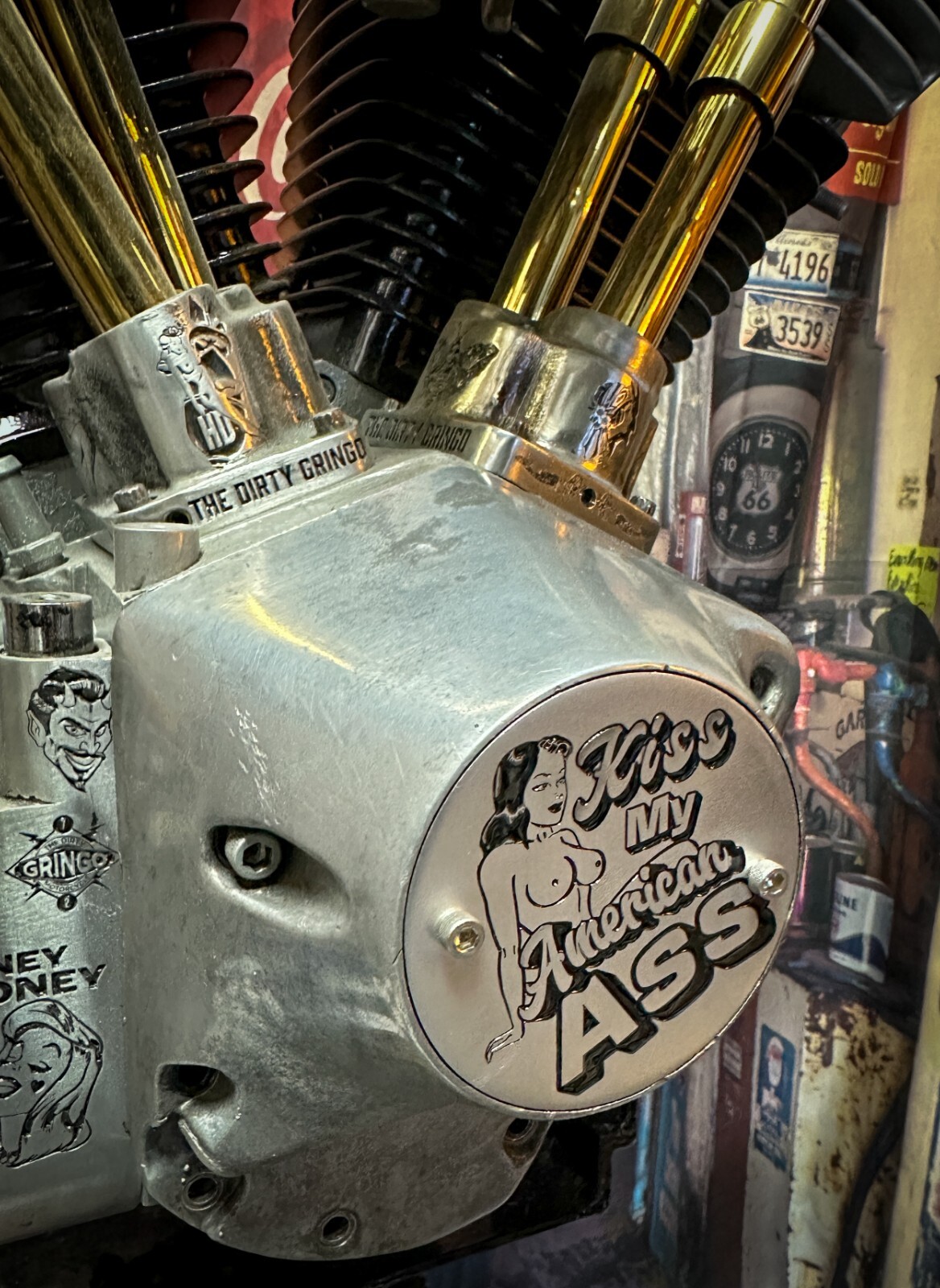 Kiss My American Ass w Titties Evo Shovelhead 2Hole Timing Cover Harley Davidson