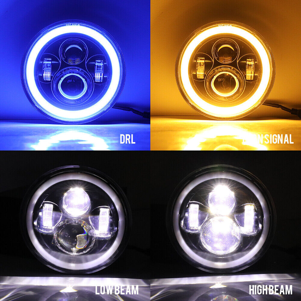 7″ Inch Motorcycle LED Headlight W/BLUE DRL Hi/Lo Beam Lamp For Motorbike Motor