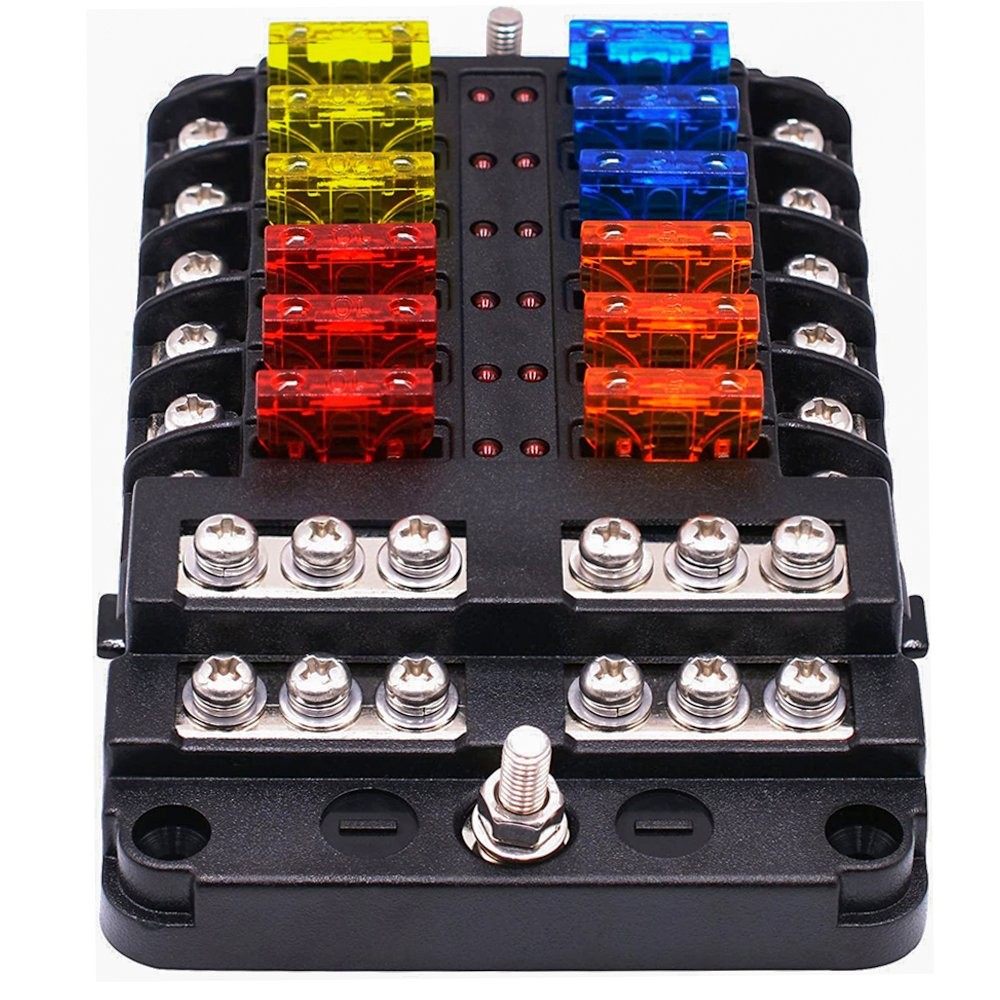12WAY Car Boot Power Distribution 12-24V Blade Fuse Holder Box Block Panel Board