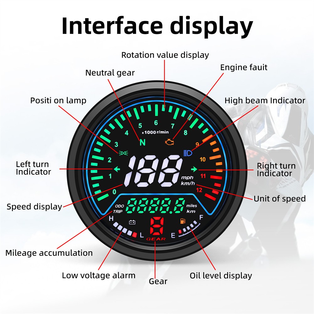 LCD Digital Motorcycle Speedometer Tachometer Odometer Gauge MPH KM/H Universal